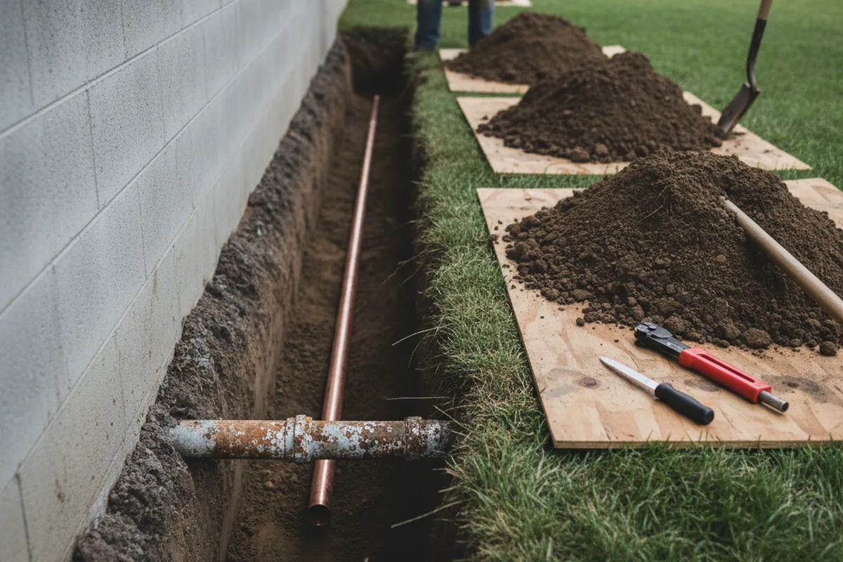 Excavated water line trench during Sewer Line Repair in Brookline